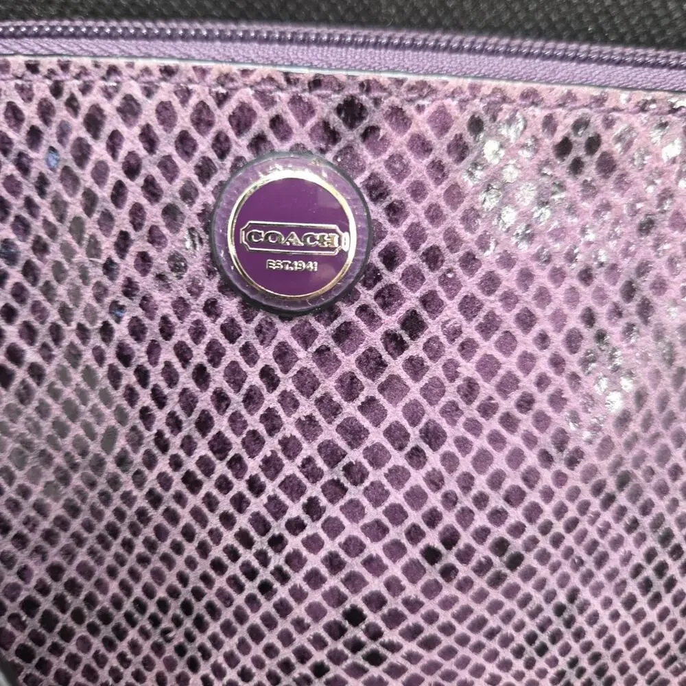 Coach Purple Snakeskin Embossed Leather Wristlet Zip Top Gold Tone 6 x 4.25 Inch